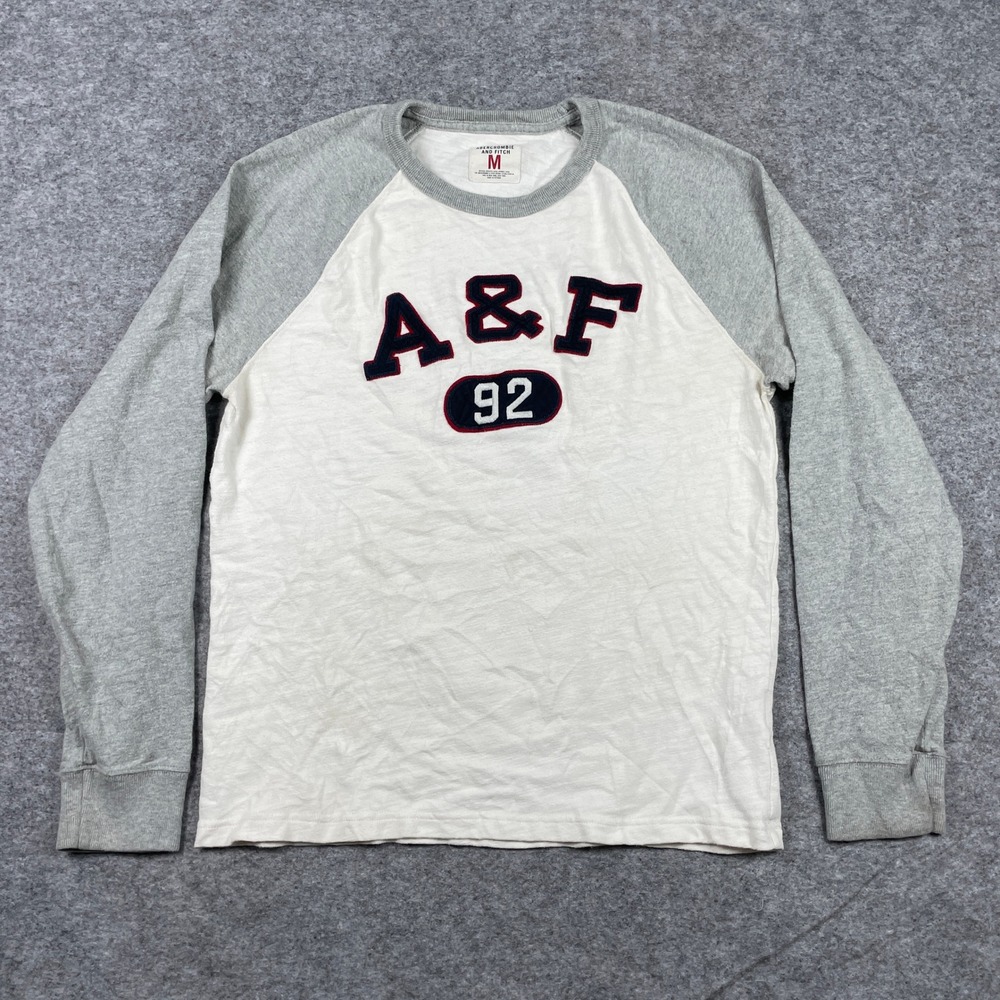 Abercrombie & Fitch Shirt Mens M White Applique Long Sleeve Baseball A&F 92 Y2K